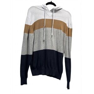 The Slope Mens Colorblock Striped Hooded Sweater 100% Cotton Large Navy Tan Grey